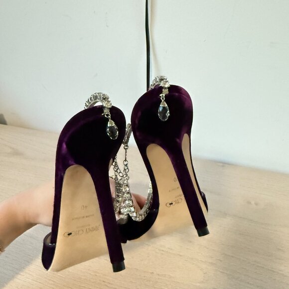 Jimmy Choo Saeda 100 Sandals Dark Purple Velvet Crystal Strap Square Toe Sz 40 - Picture 7 of 10